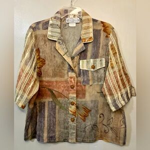 Saint Germain Blouse Women’s Large Multicolor Sheer S/S Button Up 80’s Vtg